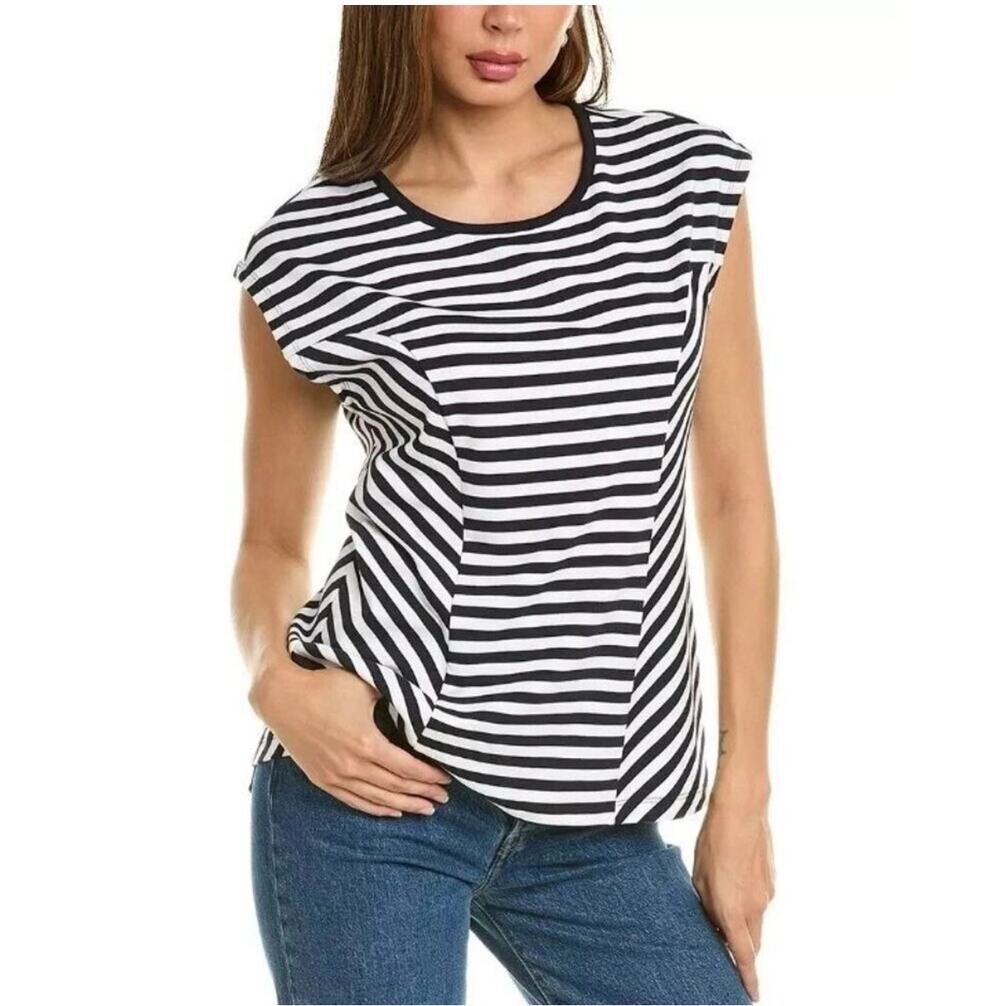 Cabi Illusion T-Shirt Size S White Navy Stripe Cap Sleeve Pullover Stretch 6337